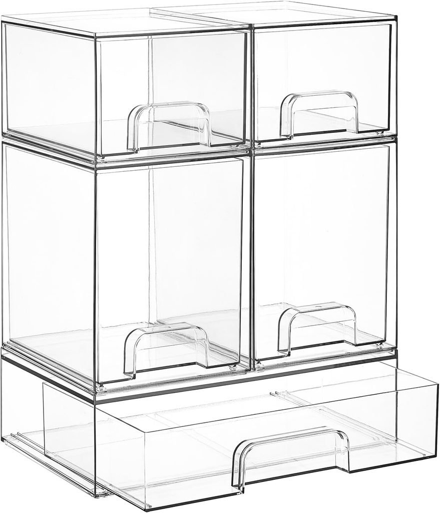 Clear Stackable Storage Drawers Set of 5 Plastic Organizer Bins